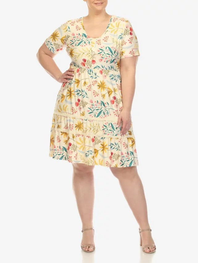 White Mark Women's Floral Short Sleeve Knee Length Dress Beige Plus Size 3XL