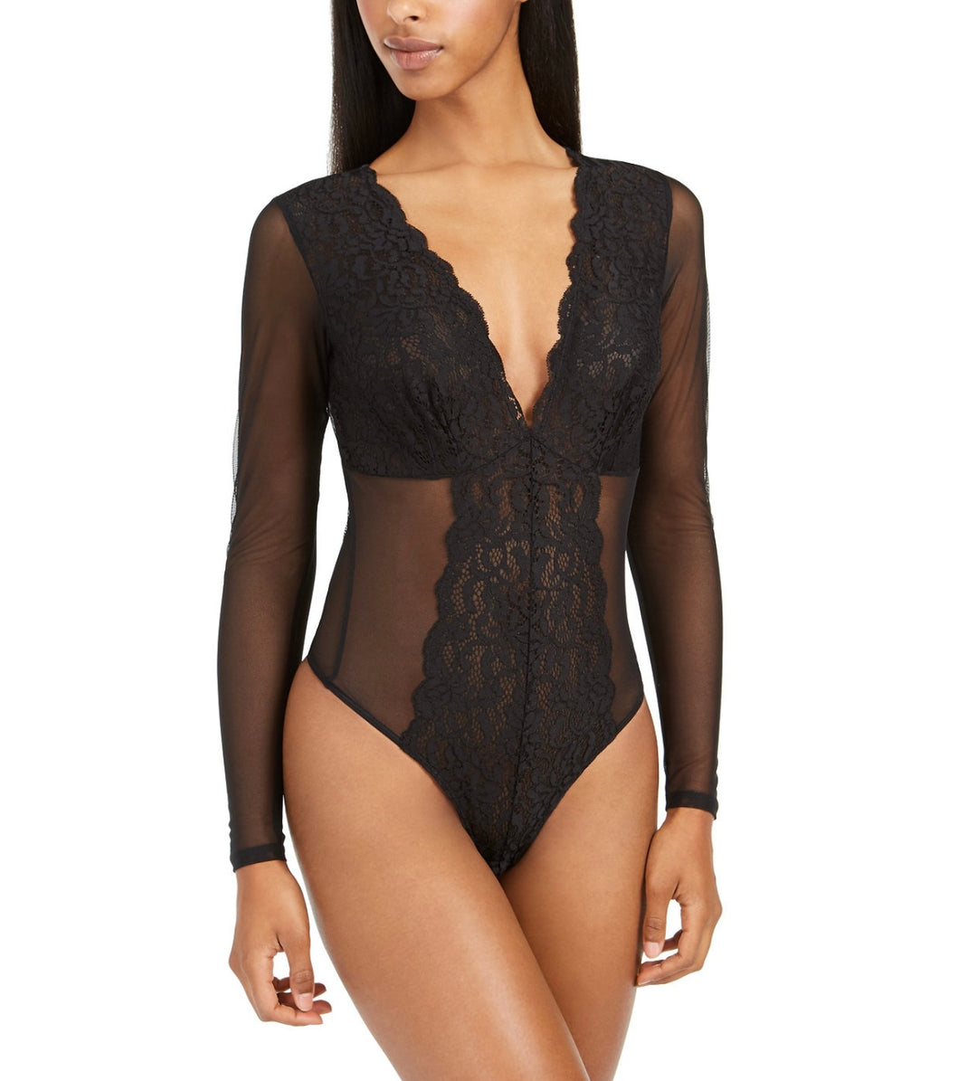 INC International Concepts Women's Not So Basic Long-Sleeve Lace Mesh Bodysuit