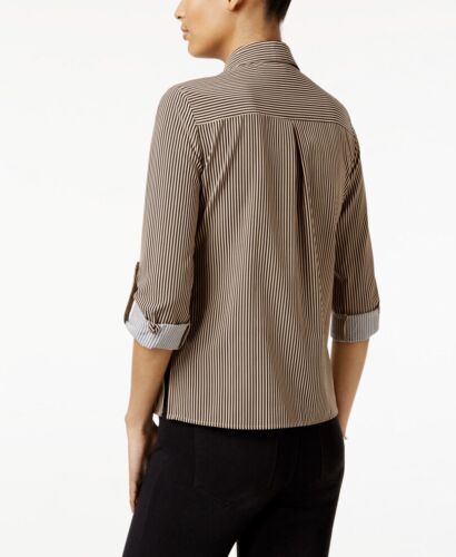 NY Collection Women's Petite Shirt Beige Striped Cuffed Collared Button Up