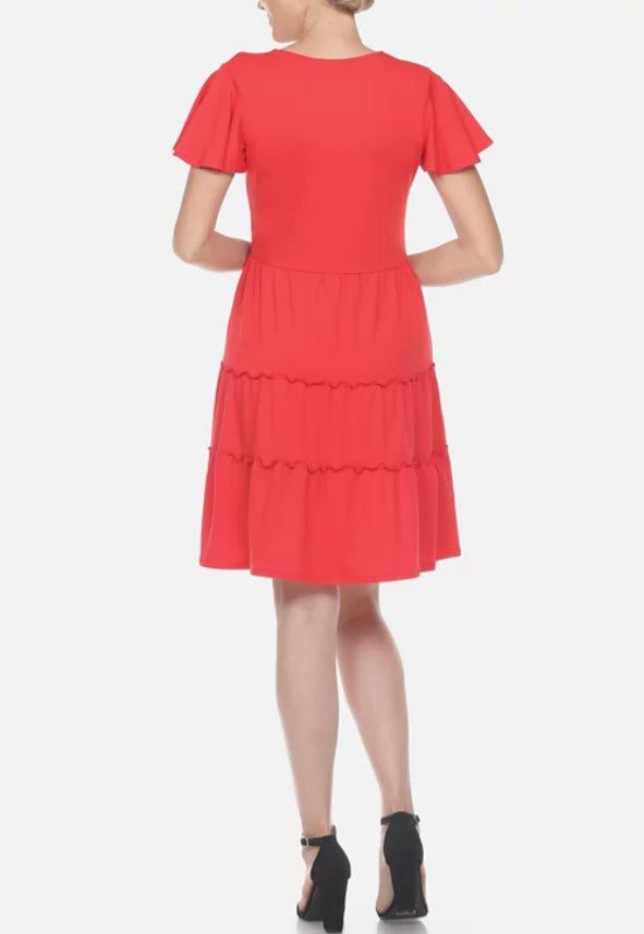 White Mark Women's Short Sleeve V-Neck Tiered Dress Red Size M