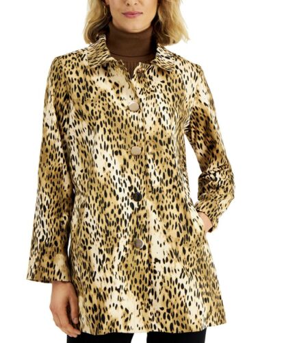 JM Collection Women's Cheetah-Print Jacket Soft Biscuit Gold Buttons Pockets XL