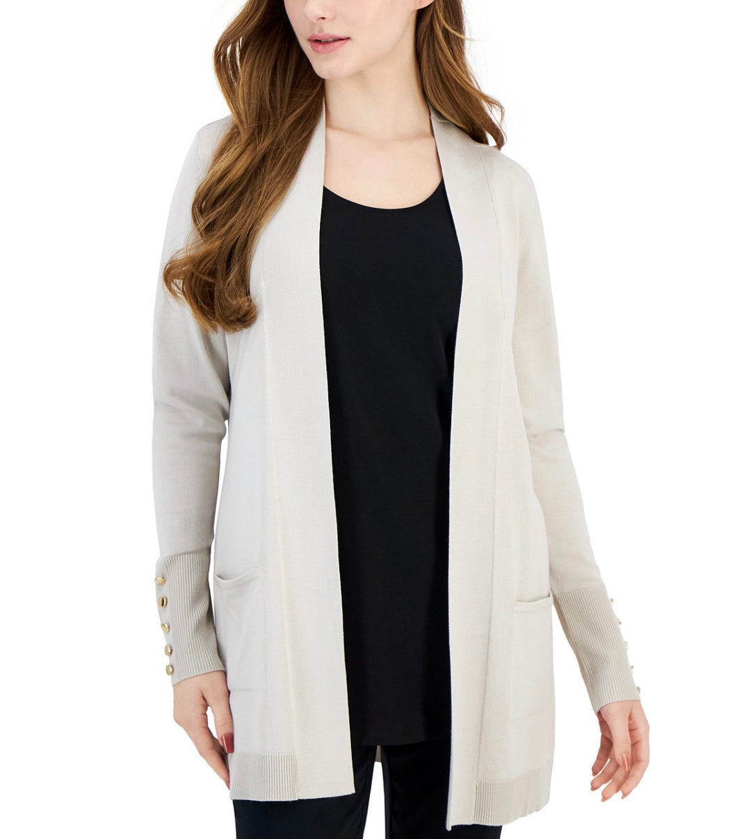 JM Collection Women's Open-Front Button-Cuff Cardigan Stonewall Petite Size PM