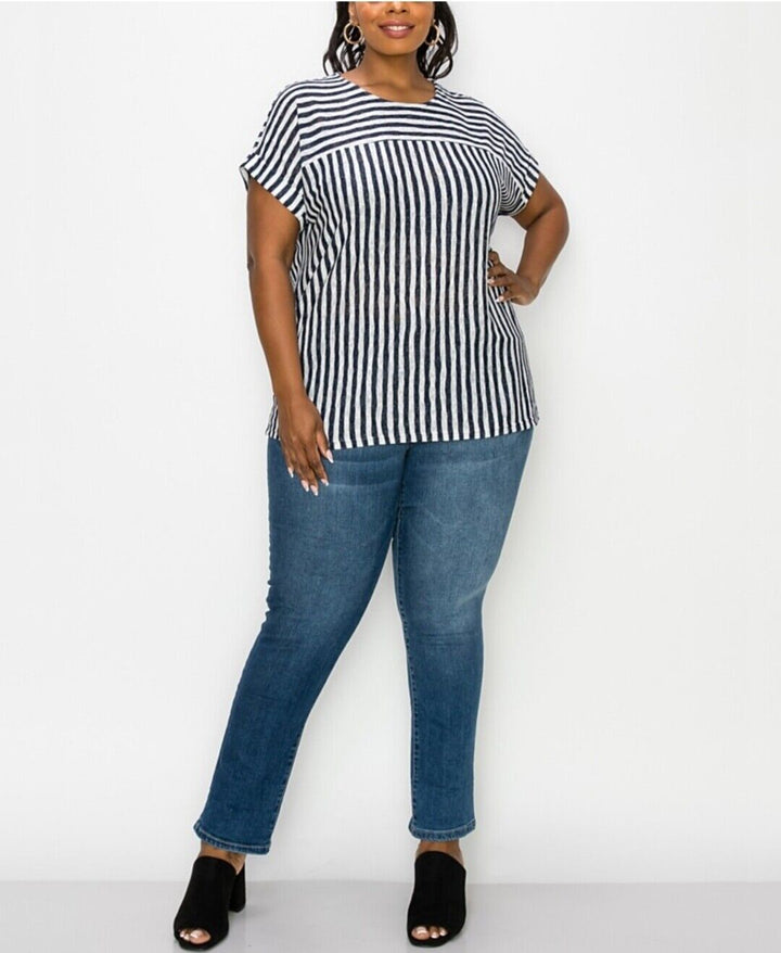 COIN 1804 Women's Stripe Yoke Dolman Top White-Navy Short Sleeve Plus Size 3X
