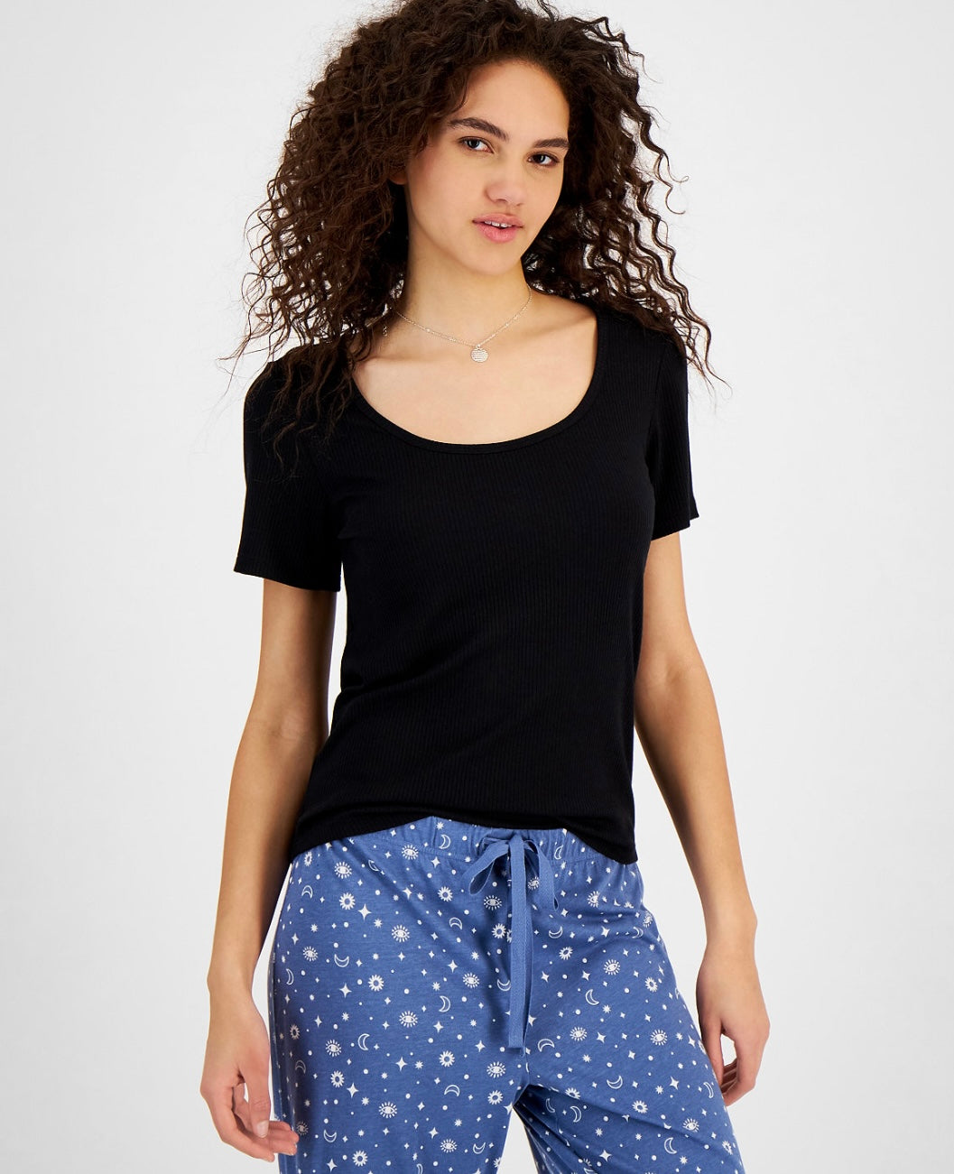 Jenni Women's Ribbed Short-Sleeve Pajama Shirt Deep Black