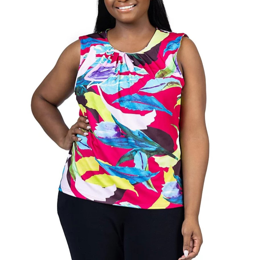 24Seven Comfort Apparel Women's Pleated Crew Neck Sleeveless Top Plus Size 2X
