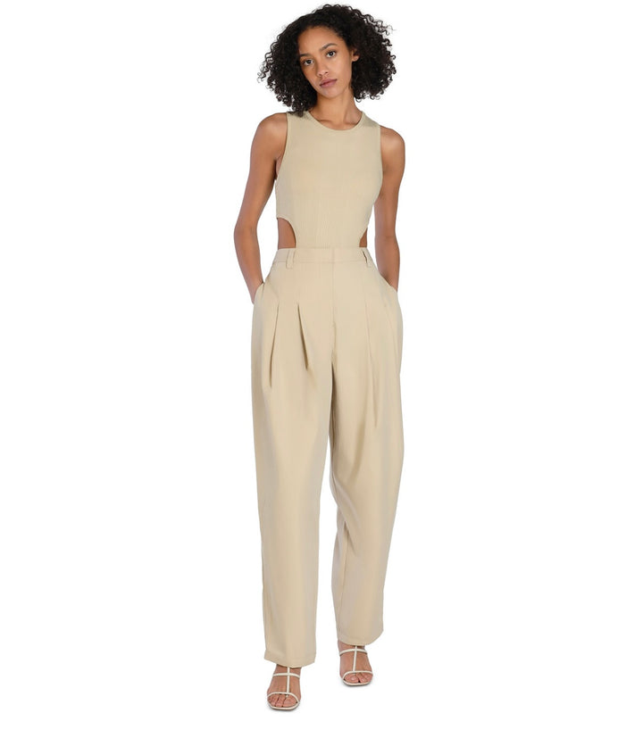 Bar III Women's Nicole Williams English Cutout Ribbed Bodysuit Beige Size L