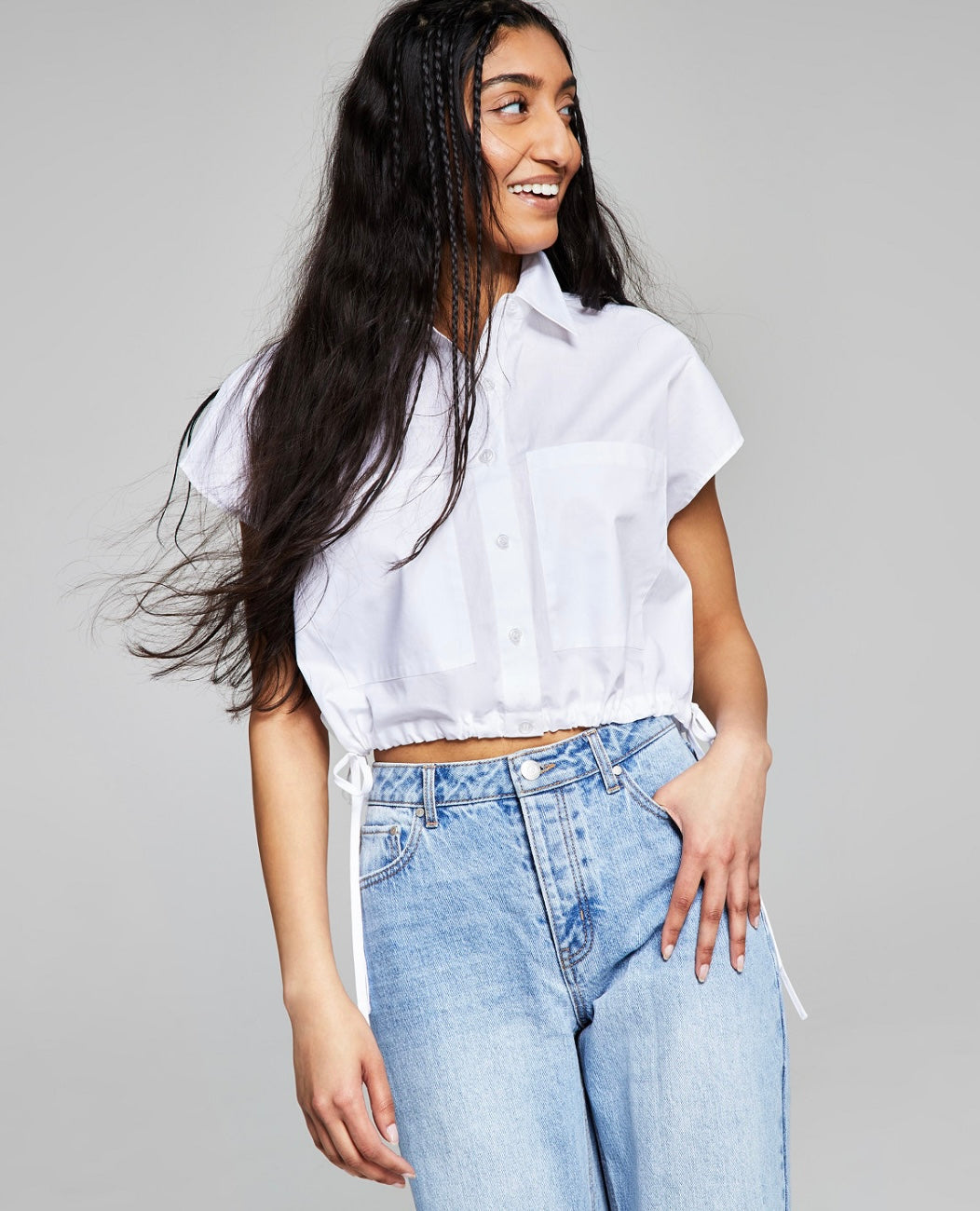 And Now This Women's Patch Pockets Button Front Cotton Top White Size L
