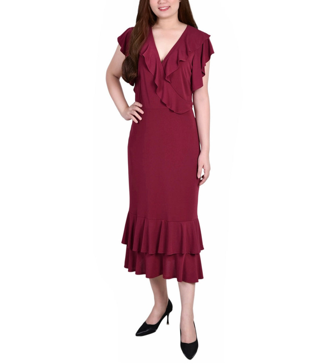 NY Collection Women's Flutter Sleeve Ruffle Midi Dress Petite Size PM