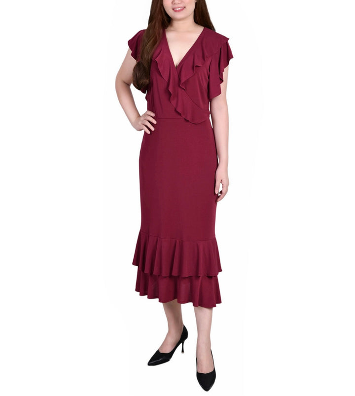 NY Collection Women's Flutter Sleeve Ruffle Midi Dress Petite Size PM