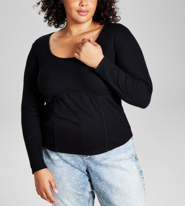 And Now This Women's Rib-Knit Corset Top Deep Black Plus Size 1X