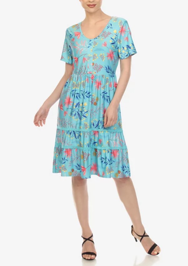 White Mark Women's Floral Short Sleeve Knee Length Dress Blue Size L