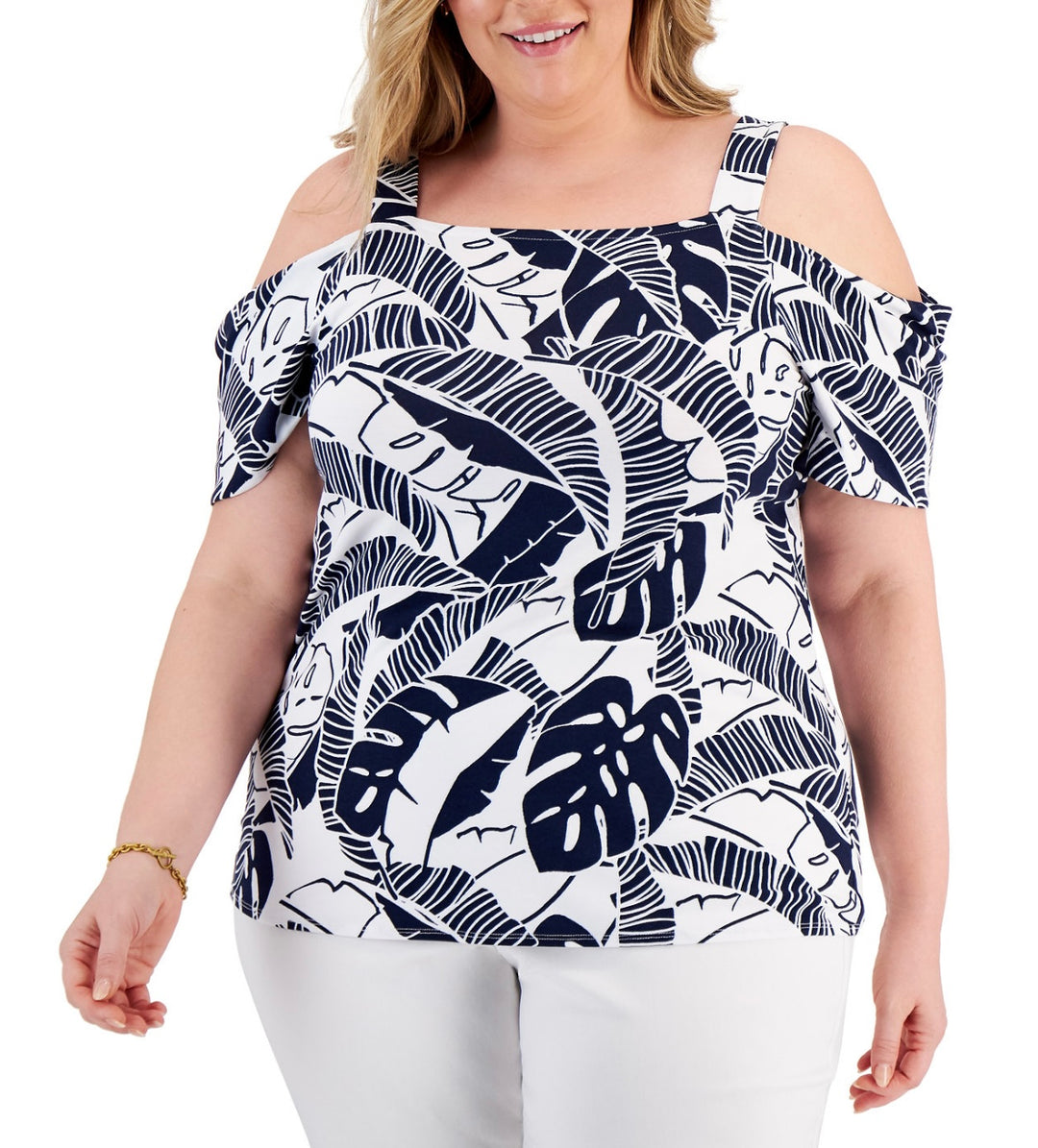 JM Collection Women's Printed Cold-Shoulder Top Intrepid Blue Combo Plus Size