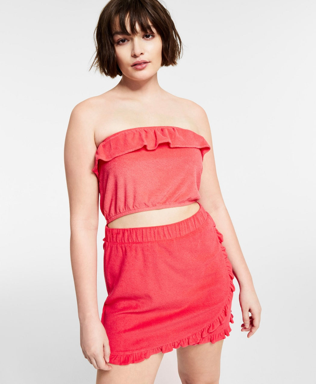 Bar III Women's Bandeau Neckline Terry Ruffled Tube Top Watermelon Punch Size M