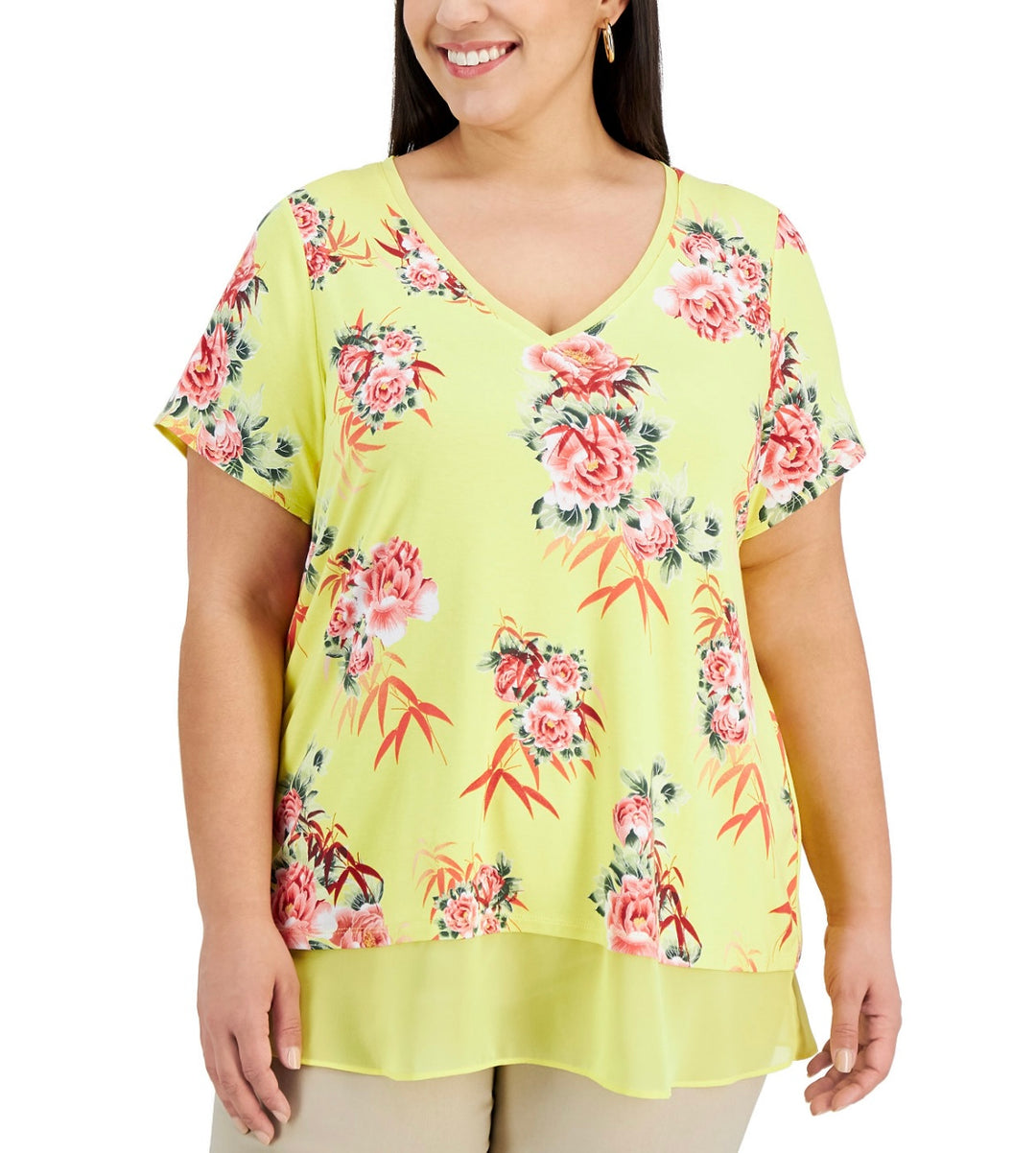 JM Collection Women's Short Sleeve Floral Printed V-Neck Top Plus Size 2X