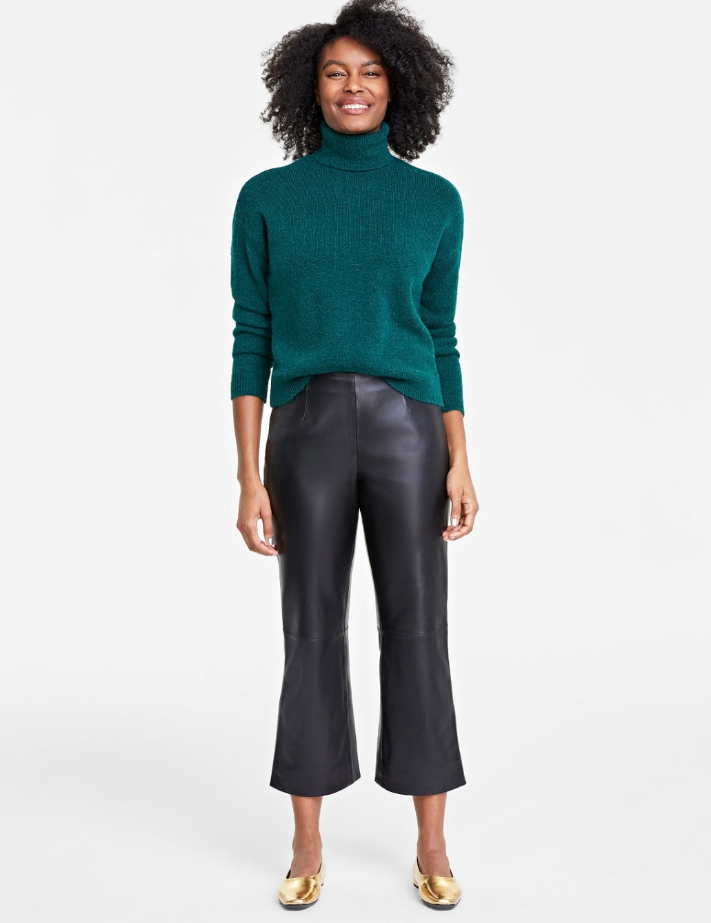 On 34th Women's Leather Kick-Flare Pants Deep Black Size 8