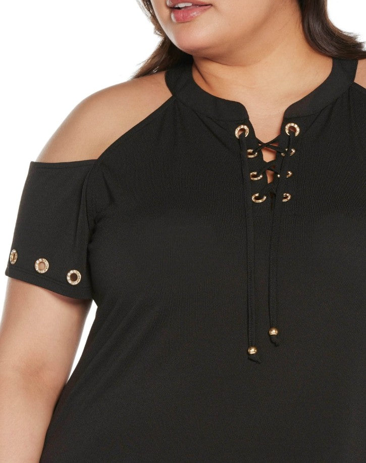 Belldini Women's Black Label Cold-Shoulder Grommet Trim Knit Top Plus Size 2X