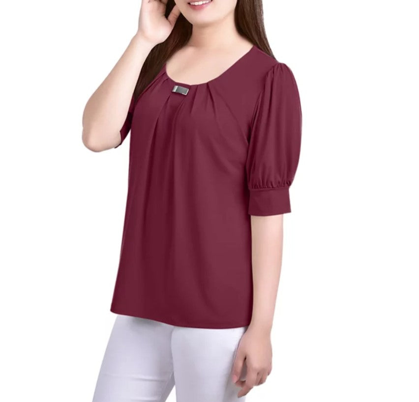 NY Collection Women's Short Balloon Sleeve Top Rhododendron Size XL