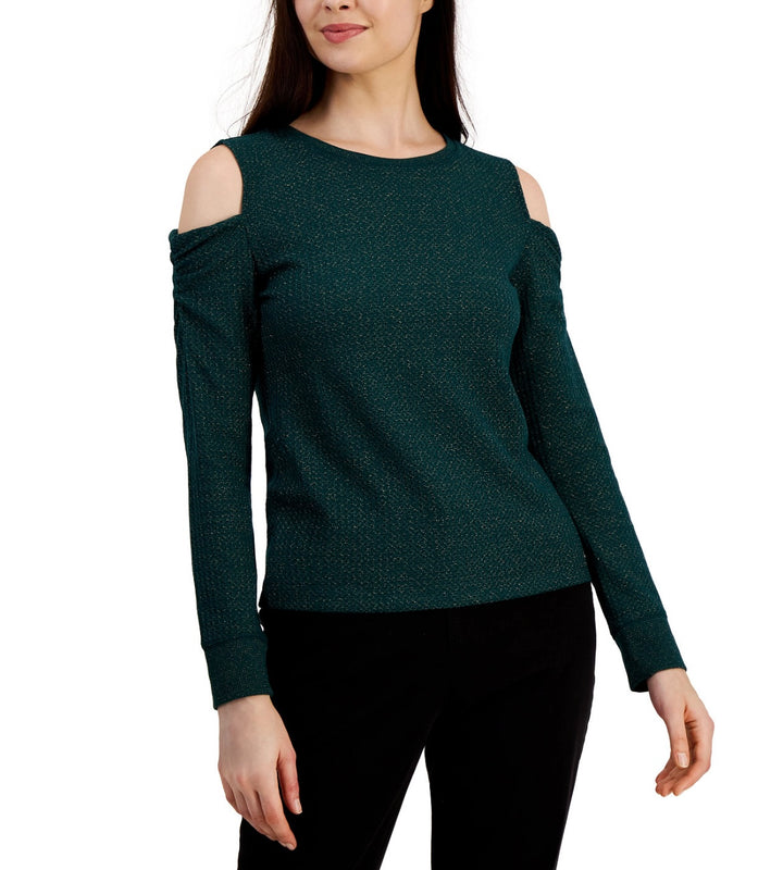 Tommy Hilfiger Women's Metallic Waffled Cold-Shoulder Shirt Knit Lurex