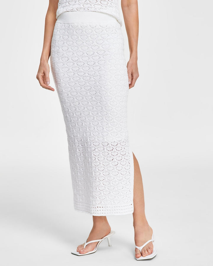 INC International Concepts Women's Side-Slit Crochet Skirt Washed White Size M