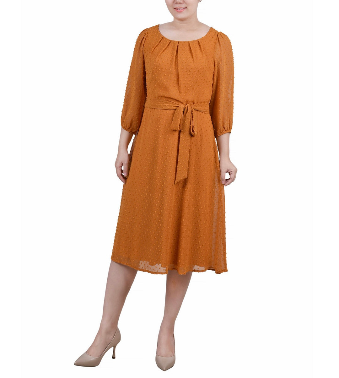 NY Collection Women's 3/4 Sleeve Clip Dot Dress Inca Gold-Tone Petite Size PM