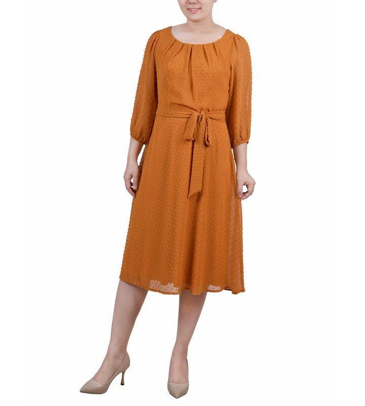 NY Collection Women's 3/4 Sleeve Clip Dot Dress Inca Gold-Tone Petite Size PM