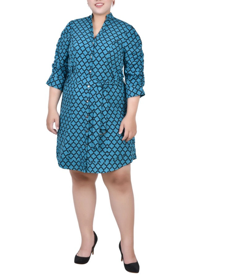 NY Collection Women's 3/4 Rouched Sleeve Belted Dress Harbor Blu Plus Size 2X