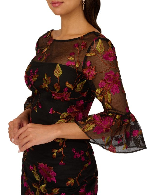 Adrianna Papell Women's Floral Embroidered Flare-Sleeve Sheath Dress Size 2