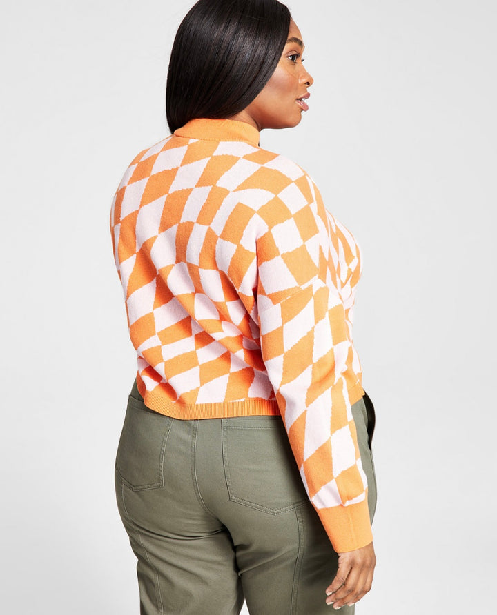 Bar III Women's Long Sleeve Cropped Sweater Max Check Plus Size 3X