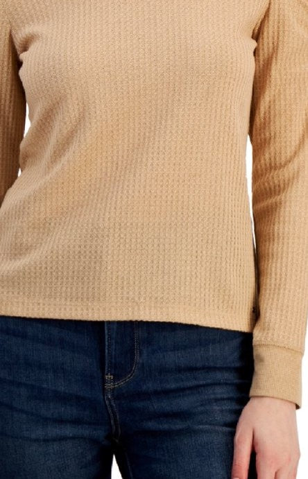 Tommy Hilfiger Women's Metallic Waffled Long Sleeve Cold-Shoulder Shirt Camel