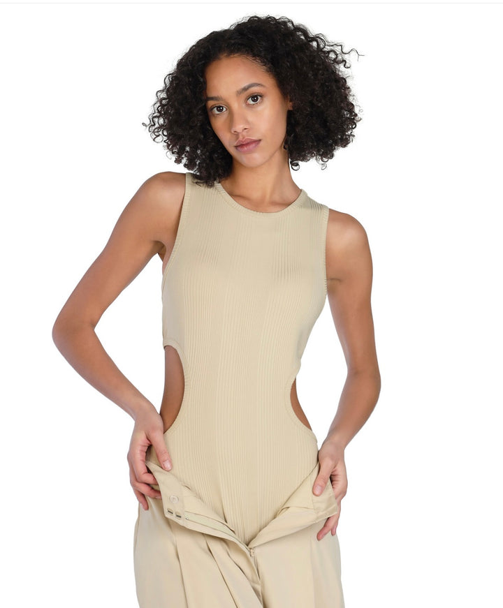 Bar III Women's Nicole Williams English Cutout Ribbed Bodysuit Beige Size L