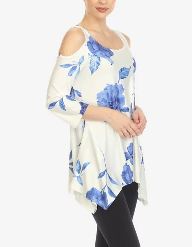 White Mark Women's Floral Printed Cold Shoulder Tunic Top White Blue Size L