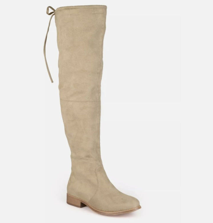 Journee Collection Women's Tie Mount Round Toe Block Heel Slip On Boots Taupe
