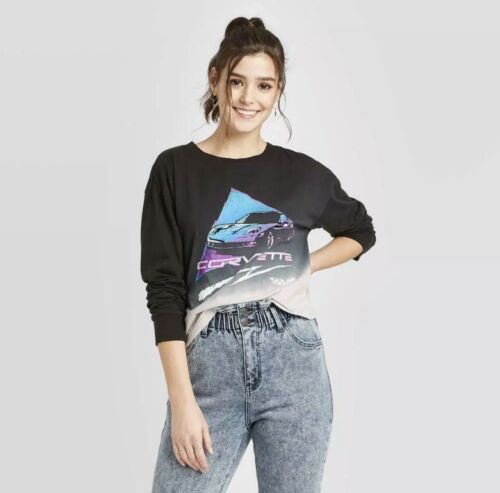 GM Women's Corvette Long Sleeve Cropped Graphic T-Shirt Juniors Black