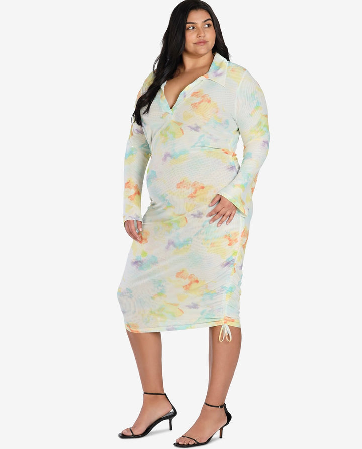 Bar III Women's Nicole Williams English Trendy Printed Ruched Dress Plus Size 2X