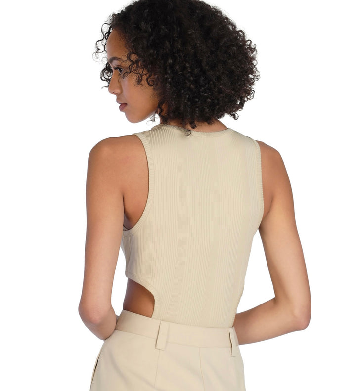 Bar III Women's Nicole Williams English Cutout Ribbed Bodysuit Beige Size L