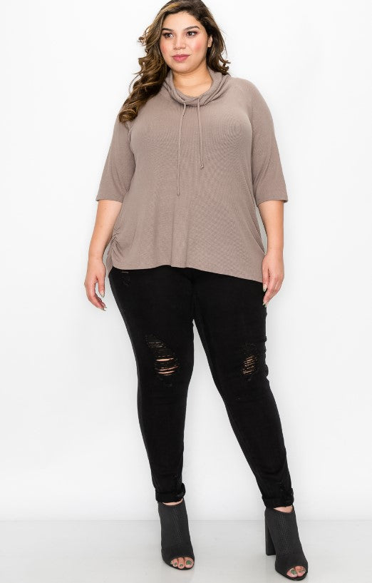 COIN 1804 Women's Baby Thermal Cowl Neck Side Ruched Top Stone Dark Plus Size 3X