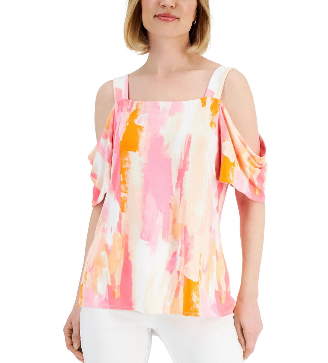 JM Collection Women's Square Neckline Printed Cold-Shoulder Top Pink Gem Combo