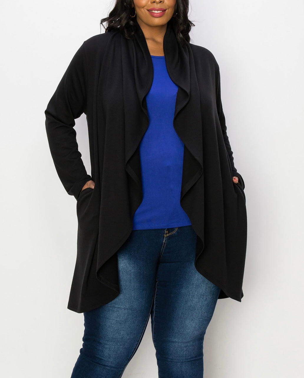 COIN 1804 Women's Duster Knit Draped Flyaway Cardigan Black Plus Size 1X