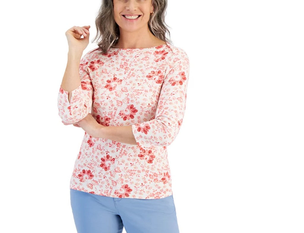 Style & Co. Women's Printed 3/4-Sleeve Pima Cotton Top Pink Floral Size S