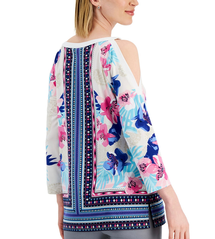 JM Collection Women's Floral-Print Cold-Shoulder Top Warm Ivory Combo