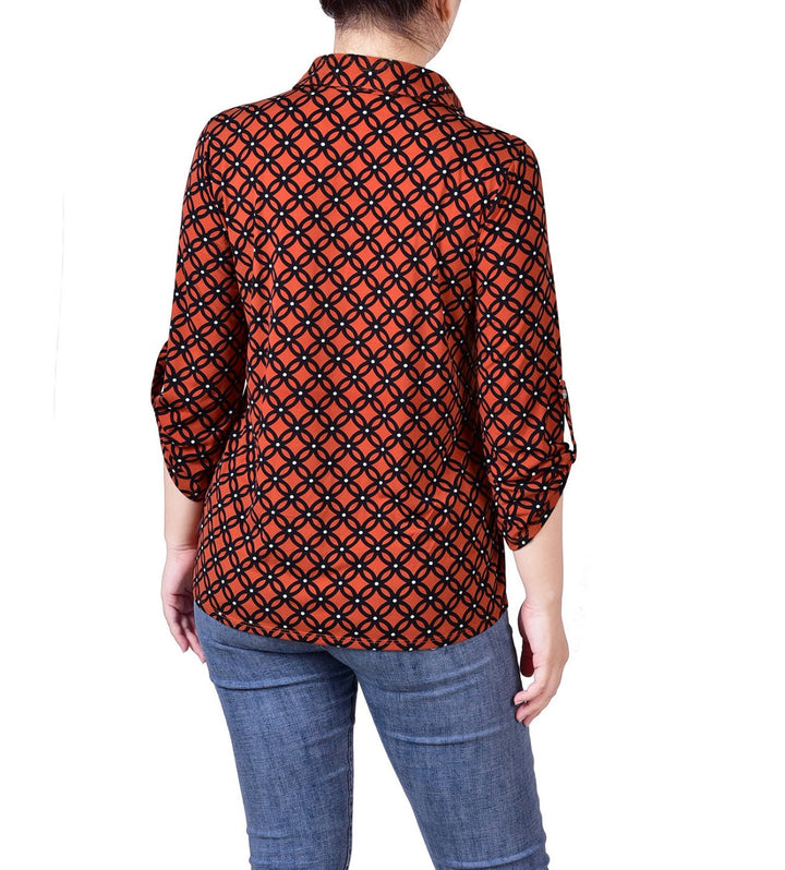 NY Collection Women's 3/4 Ruched Sleeve Studded Y-Neck Top Petite Size PXL