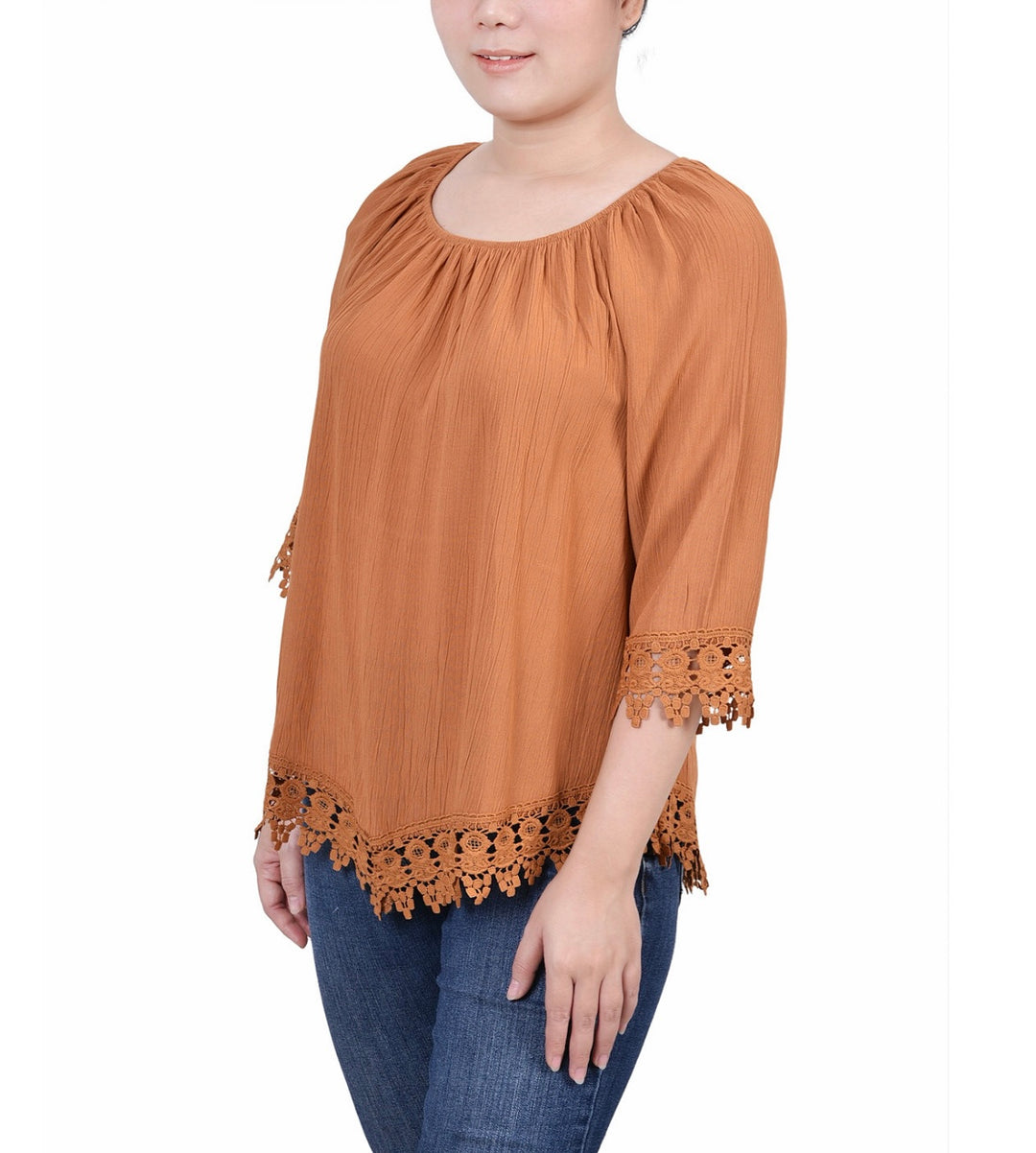 NY Collection Women's 3/4 Sleeve Peasant Blouse Mustard Petite Size PM