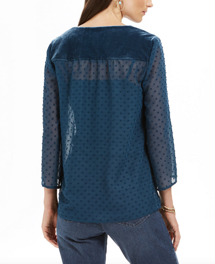 Style & Co Women's Mixed-Media Sheer-Sleeve Blouse Eyelet Kale Green Size S - L