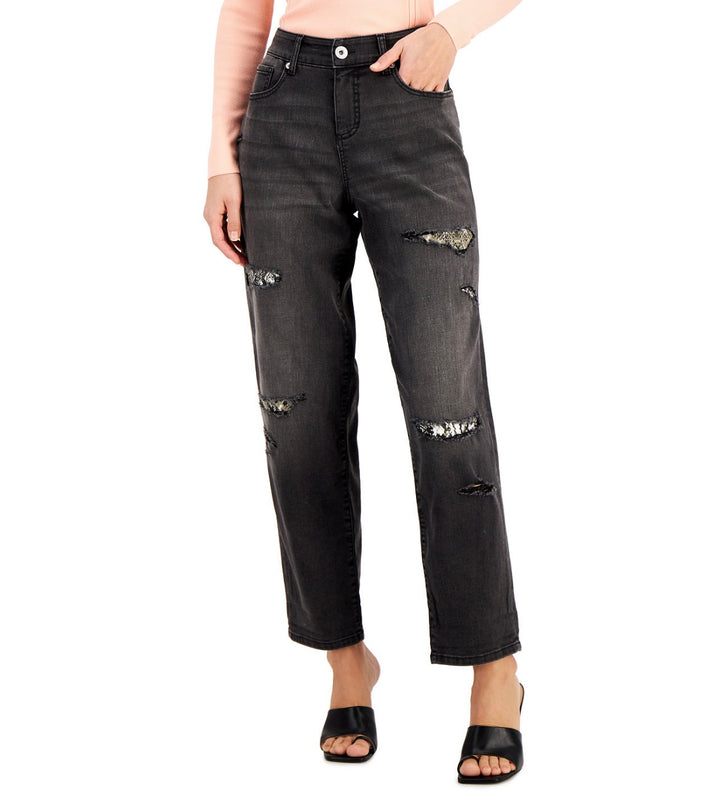INC International Concepts Women's High Rise Ripped Leopard Boyfriend Jeans Washed Black