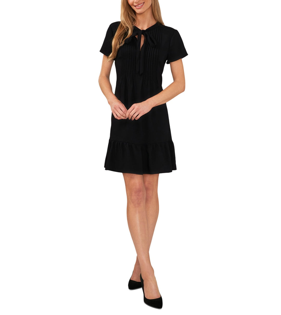 CeCe Women's Pintucked Tie-Neck Short-Sleeve Dress Black Size 6