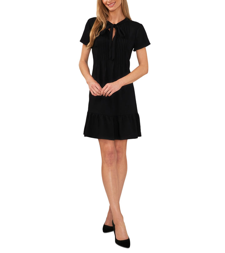 CeCe Women's Pintucked Tie-Neck Short-Sleeve Dress Black Size 6