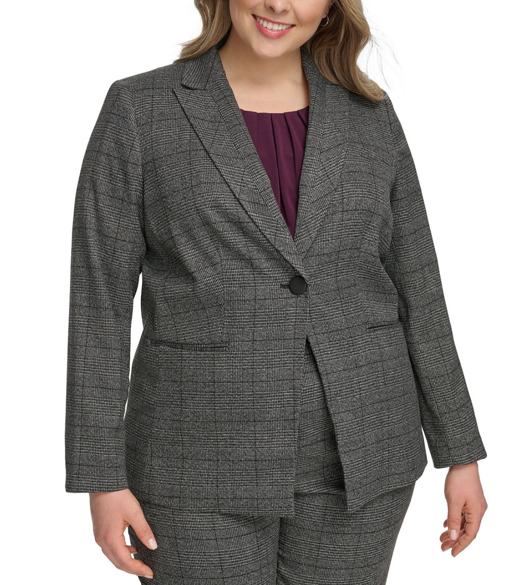Calvin Klein Women's Menswear One-Button Jacket Charcoal Multi Plus Size 22W