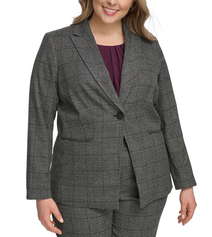 Calvin Klein Women's Menswear One-Button Jacket Charcoal Multi Plus Size 22W