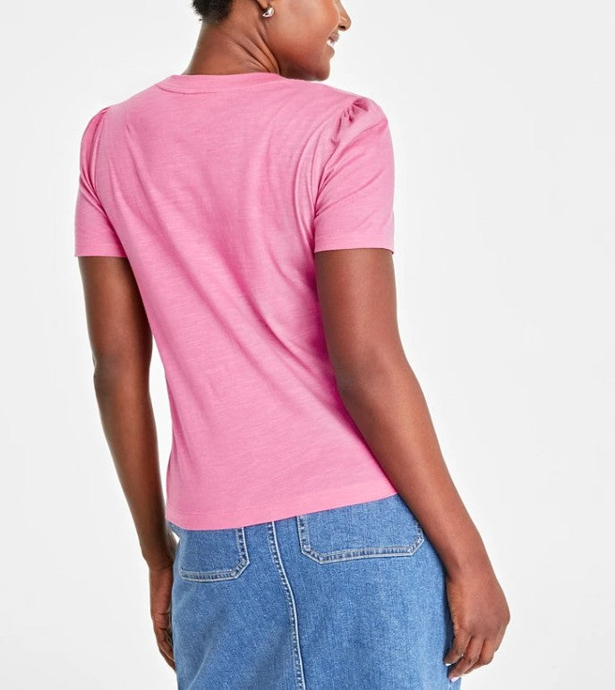 On 34th Women's Gathered-Sleeve Crewneck T-Shirt Azalea Pink Size XS