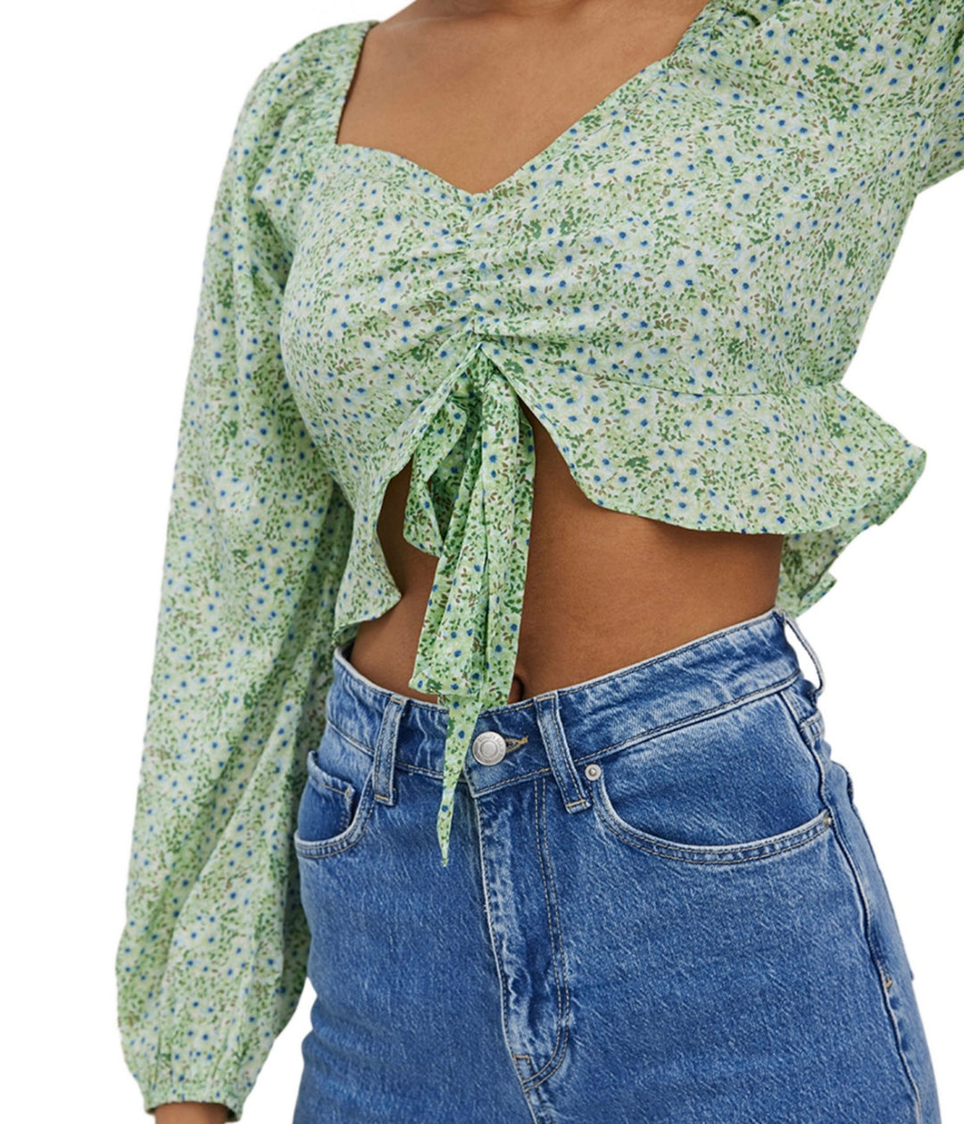 Vero Moda Women's Henna Floral Cropped Tie Front Top Green Holl